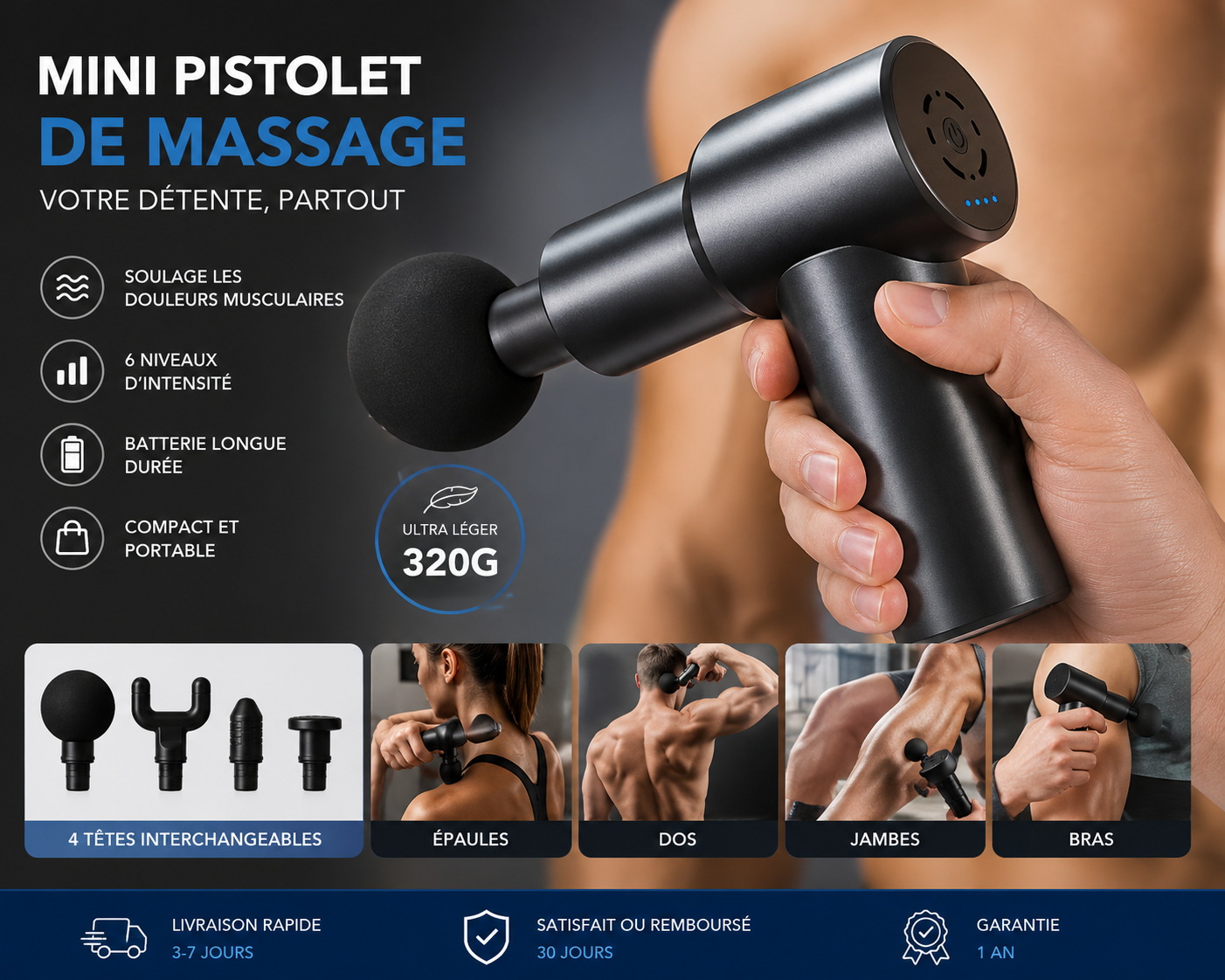 Mini pistolet de massage portable – Soulage les douleurs musculaires rapidement