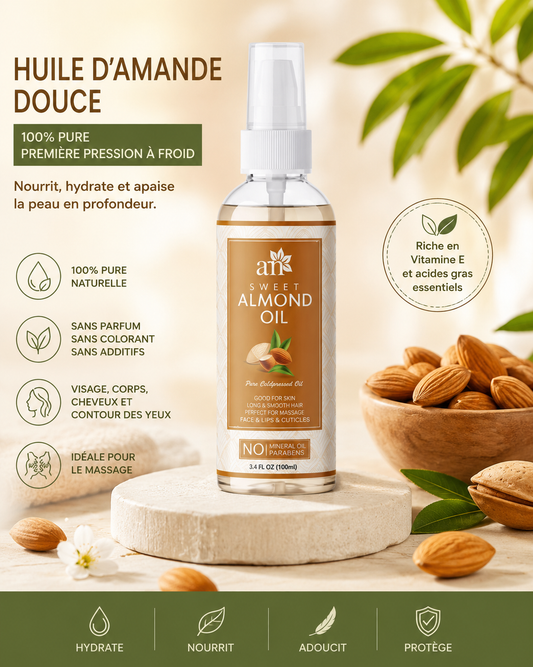 Huile d’Amande Douce 100 % Pure – Première Pression à Froid | Soin du Visage, Corps, Massage et Contour des Yeux